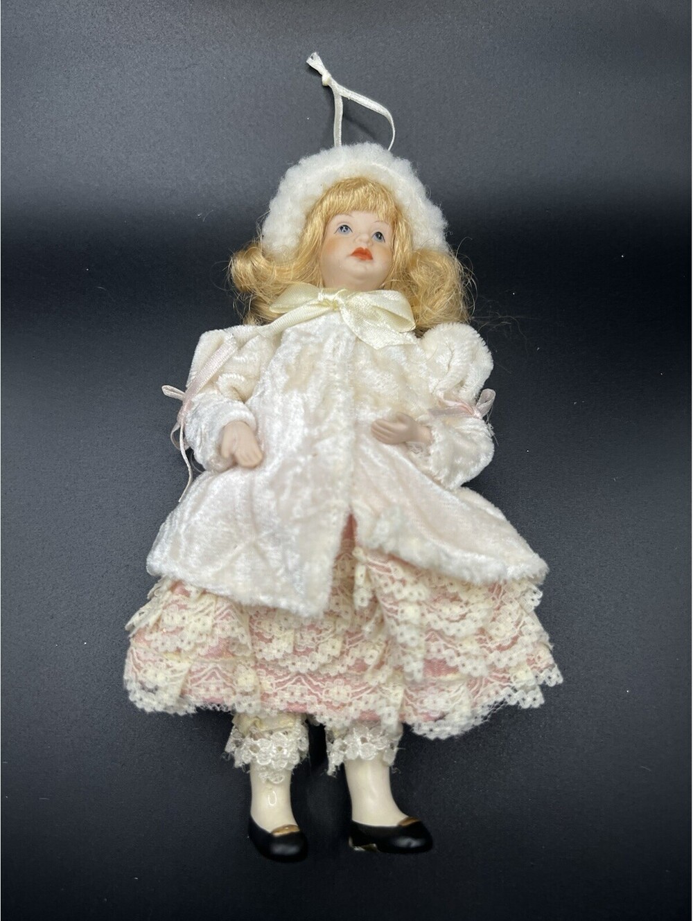 Vintage Victorian Girl 7” Blond Hair Porcelain Doll Ornament